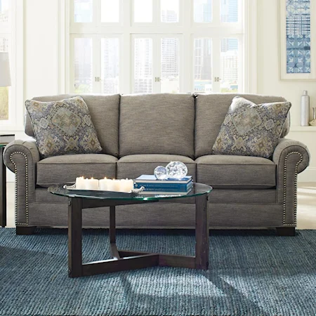 Transitional Sleeper Sofa with Large Rolled Arms and Brass Nailheads