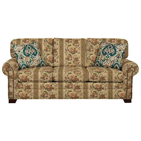 Transitional Sleeper Sofa with Large Rolled Arms and Brass Nailheads