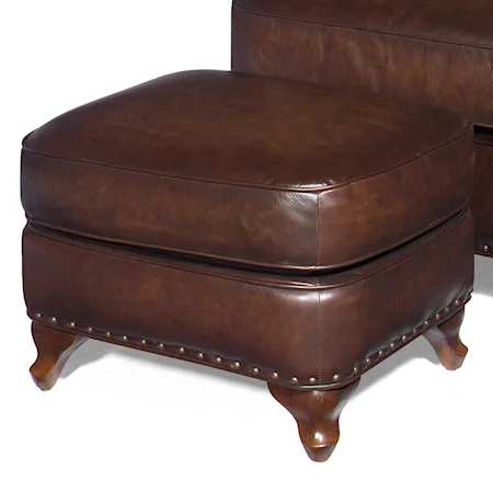Traditional Leather Ottoman with Cabriole Legs and Nailheads