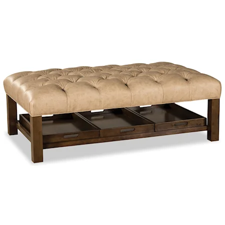 Large Rectangular Tufted Leather Ottoman with 3 Removable Trays