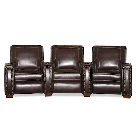 Transitional 3 Seat Theater Sectional with Power Reclining, Nail Head Trim, and Cup Holders