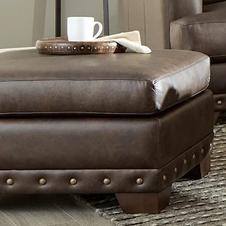 Contemporary Leather Ottoman with Oversized Nailheads