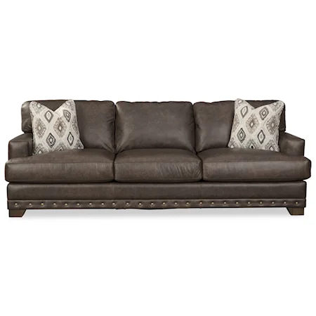 Contemporary Leather Sofa with Oversized Nailheads and Pillows