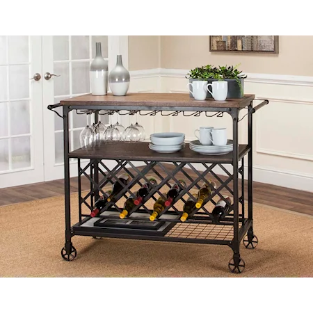 Metal and Wood Serving Cart with Wine Rack
