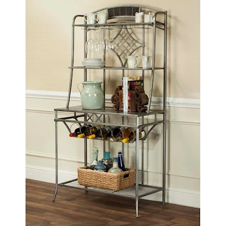 Pewter and Marble Baker's Rack with Wine Storage and Open Shelves