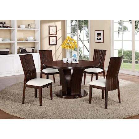 5 Piece Dining Set with Round Pedestal Table and White Upholstered Side Chairs