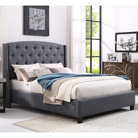 Upholstered Queen Bed with Button Tufting and Demi-Wings
