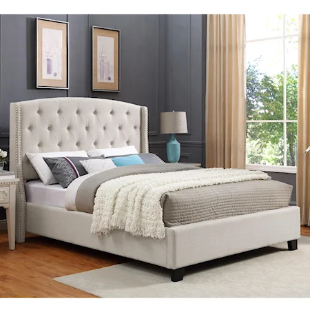 Upholstered Queen Bed with Button Tufting and Demi-Wings