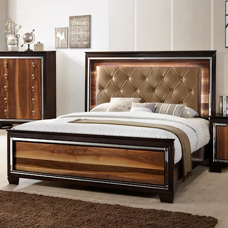 Queen Panel Bed with Tufted Headboard and LED Lighting