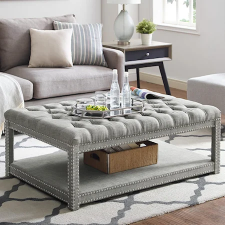 Grey Upholstered Cocktail Ottoman with Nail Head Trim