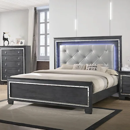 California King Bed with Upholstered LED Headboard