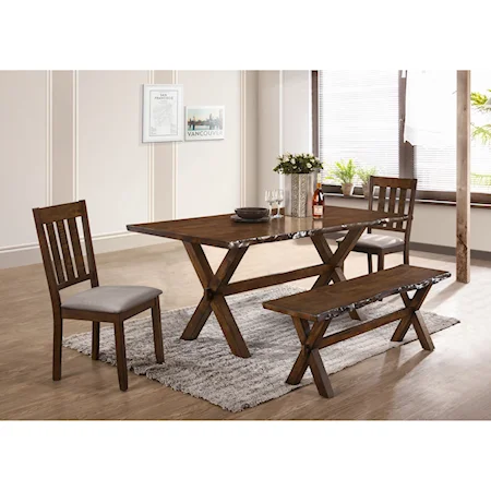 4 Piece Live Edge Table and Bench and Upholstered Chair Set