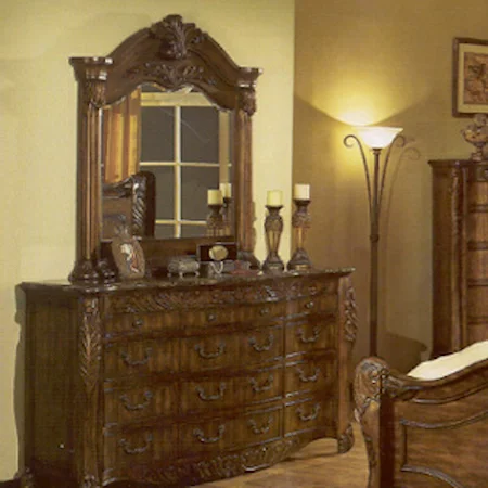 Marble Top Dresser and Carved Wood Mirror Combo