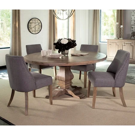 Round Table and Grey Upholstered Chair Set