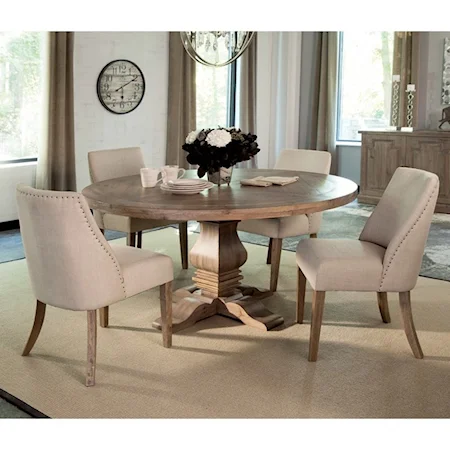 Round Table and Beige Upholstered Chair Set