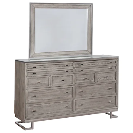 Modern Dresser and Mirror Set with White Glass Top