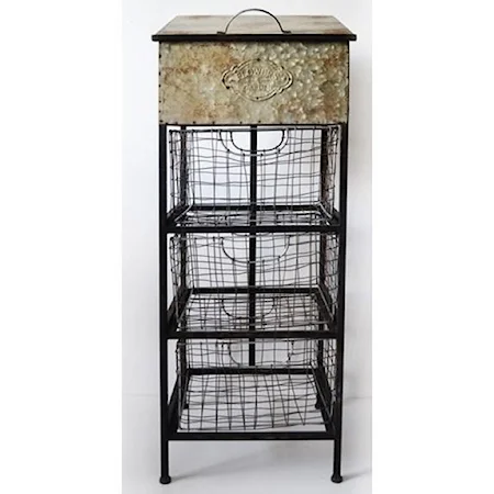 Rustic Accent Metal Cabinet with 3 Basket Drawers and Top Interior Storage