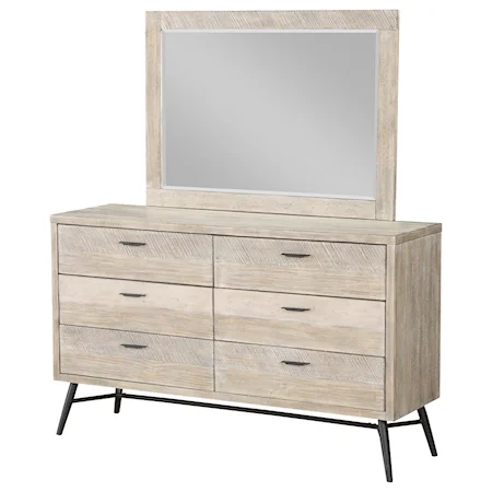 Contemporary 6-Drawer Dresser and Mirror Set with Felt-Lined Top Drawers