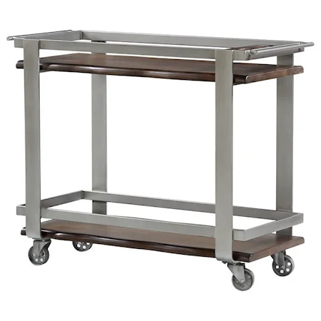 Contemporary Bar Cart w/ Live Edge Solid Mahogany Shelves, Metal Frame, and Casters