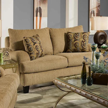 Casual Loveseat with Flowing Track Arms and Accent Pillows