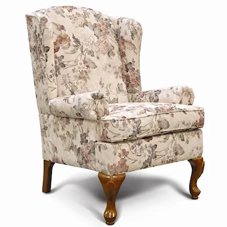 Rolled Arm Wing Chair with Exposed Wood Legs