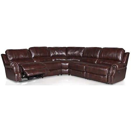 Leather Reclining Sectional Sofa with Rolled Arms and Nail Head