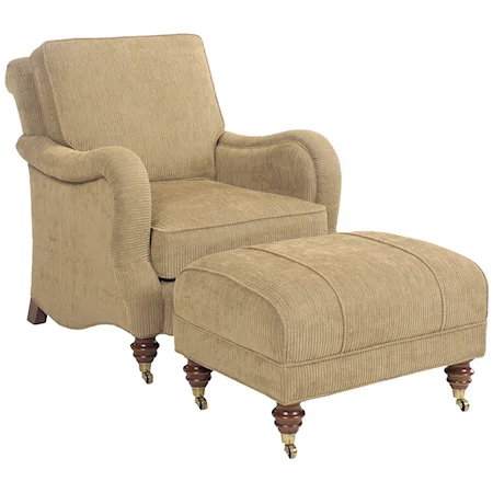 Traditional Upholstered Chair and Ottoman with Turned Legs and Casters