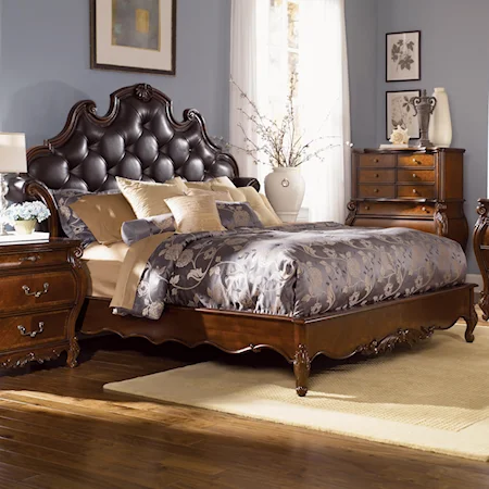 King-Size Platform Bed with Button-Tufted Leather Headboard