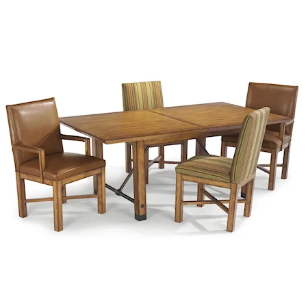 Oiled Bronze Accented Dining Table with Two Upholstered Dining Side Chairs and Two Upholstered Dining Arm Chairs