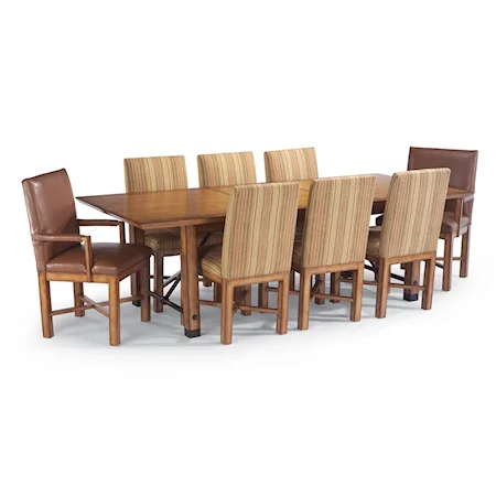 Oiled Bronze Accented Dining Table with Six Upholstered Dining Side Chairs and Two Upholstered Dining Arm Chairs