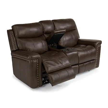 Power Reclining Love Seat with Console and Nail Head Trim