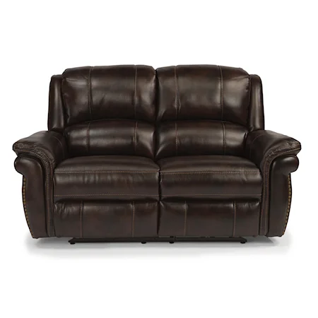 Casual Reclining Loveseat with Pillow-Padded Arms and Oversized Nailhead