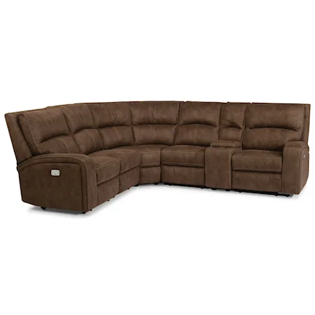 Contemporary Power Reclining 5 Seat Sectional with Power Headrests, USB Ports and Console