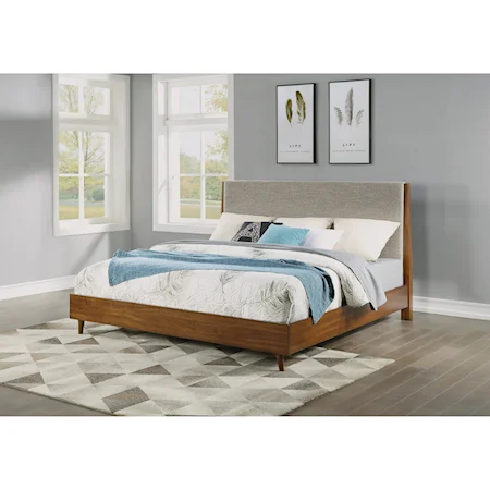 Mid-Century Modern Queen Upholstered Bed with Platform Frame