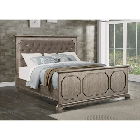 Transitional King Panel Upholstered Bed with Gem Tufting