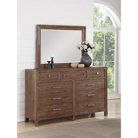 Rustic 9 Drawer Dresser and Mirror Set with Felt-Lined Top Drawers