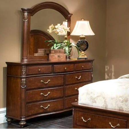 9 Drawer Traditional Dresser and Curved Crown Mirror