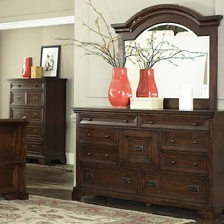 Transitional Tobacco Brown 8-Drawer Dresser & Arched Landscape Mirror