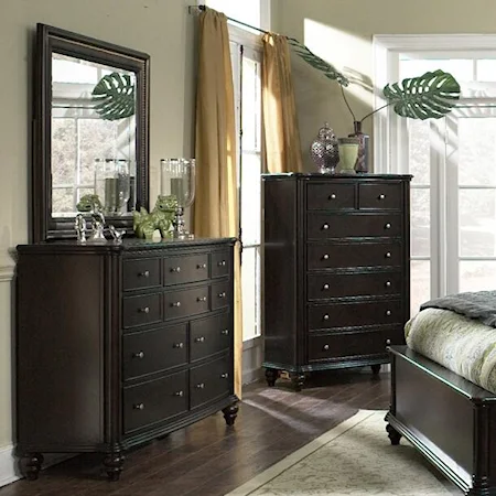 Transitional Rich Mahogany Dresser & Nailhead Trim Landscape Mirror