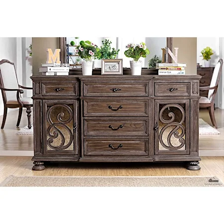 Traditional Dining Server with Ornate Carvings and Mirror Trim