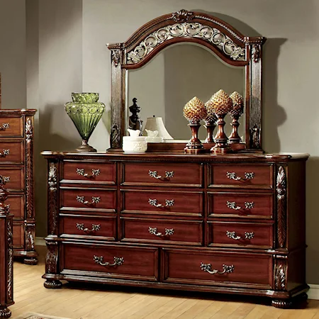 Traditional 14-Drawer Dresser and Mirror Combination with Felt-Lined Top Drawers