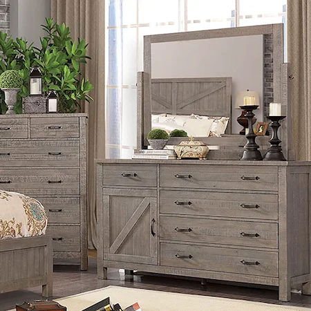 Transitional 5-Drawer Dresser and Mirror Combination with Interior Shelving and Felt-Lined Top Drawers
