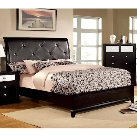 Glam Upholstered Queen Size Bed with Crocodile Texture and Acrylic Crystal Buttons