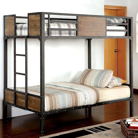 Industrial Wood and Metal Twin Over Twin Bunk Bed