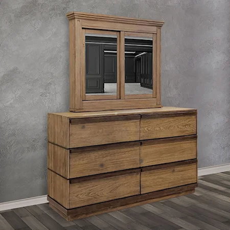 Modern Rustic 6-Drawer Dresser and Cabinet Mirror Combination with Interior Shelving
