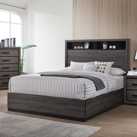 Contemporary King Low Profile Bed with Headboard Storage
