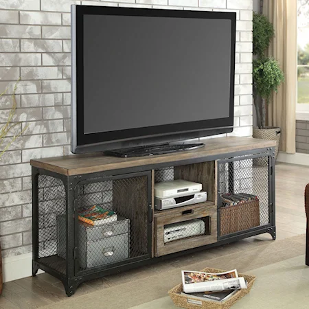 Industrial TV Stand with Wire Mesh Doors