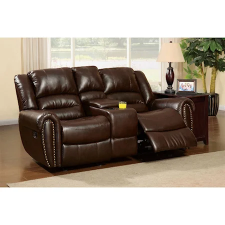 Transitional Bonded Leather Reclining Loveseat with Nailheads and Cupholder Storage Console