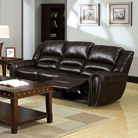 Transitional Bonded Leather Reclining Sofa with Nailheads