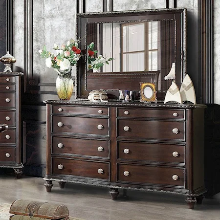 Transitional Dresser and Mirror Set with Carved Edge Accents